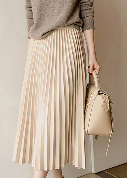 Elegant Apricot Elastic Waist Pleated Skirt Spring