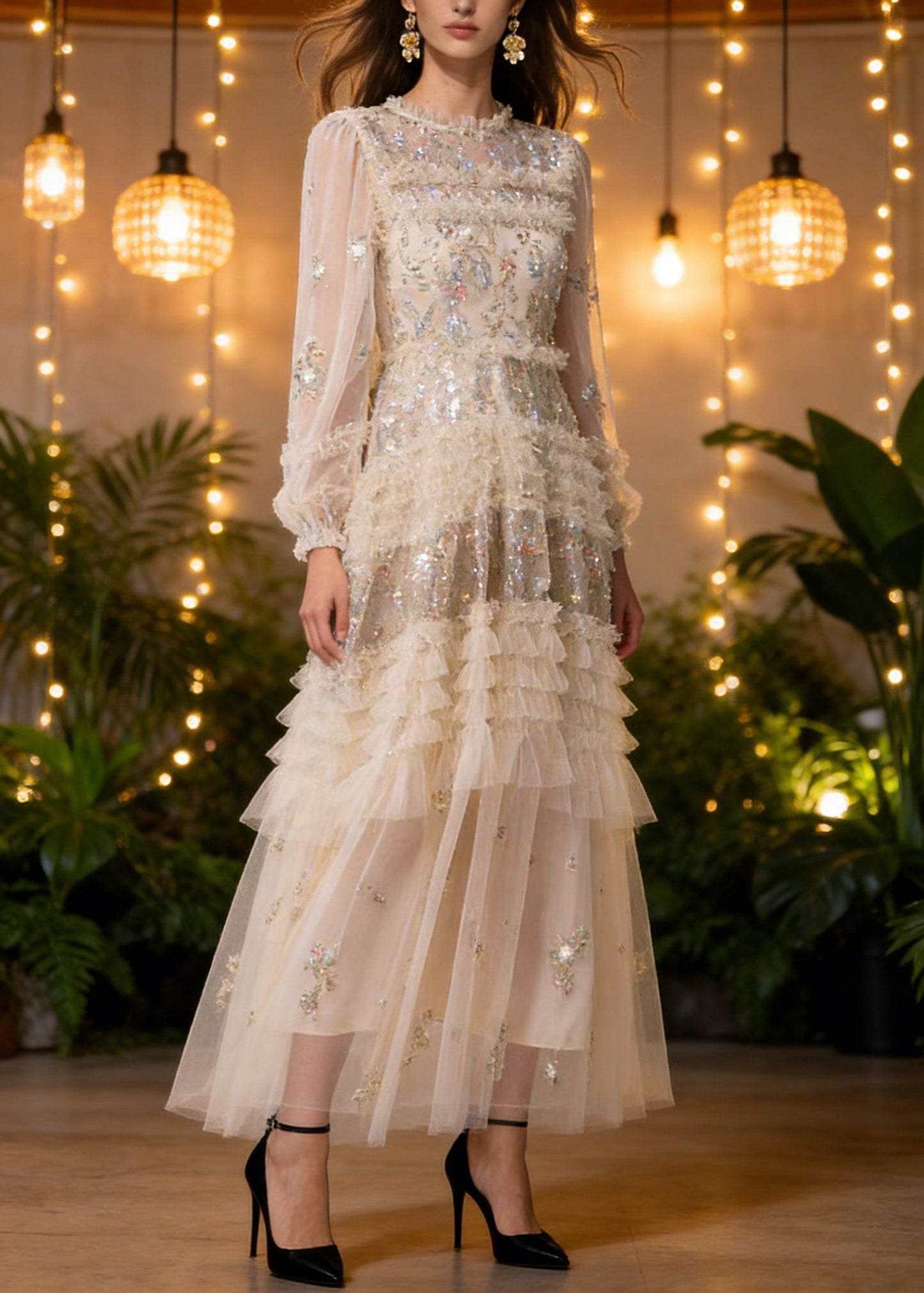 Elegant Apricot Embroidered Ruffled Patchwork Tulle Long Dresses Spring