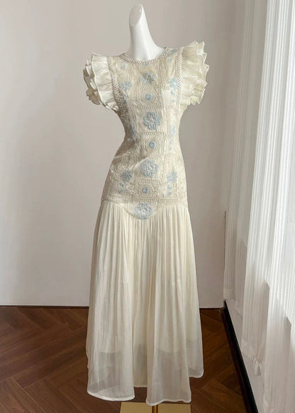 Elegant Apricot Embroidered Wrinkled Patchwork Long Dress Summer