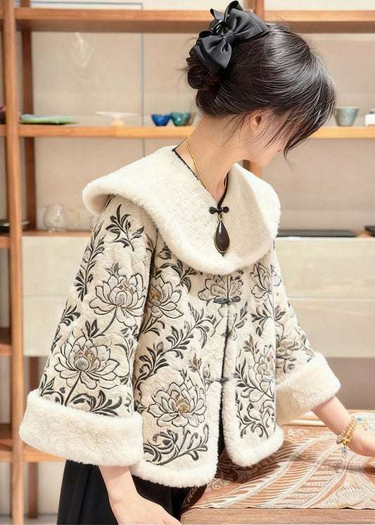 Elegant Apricot Fur Collar Embroidered Floral Coats Winter
