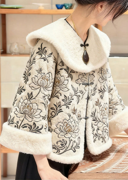 Elegant Apricot Fur Collar Embroidered Floral Coats Winter