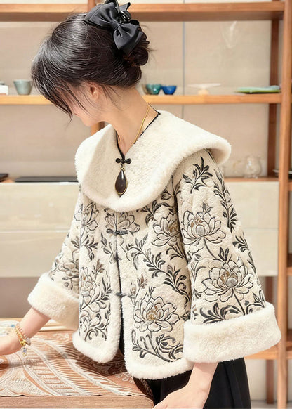 Elegant Apricot Fur Collar Embroidered Floral Coats Winter