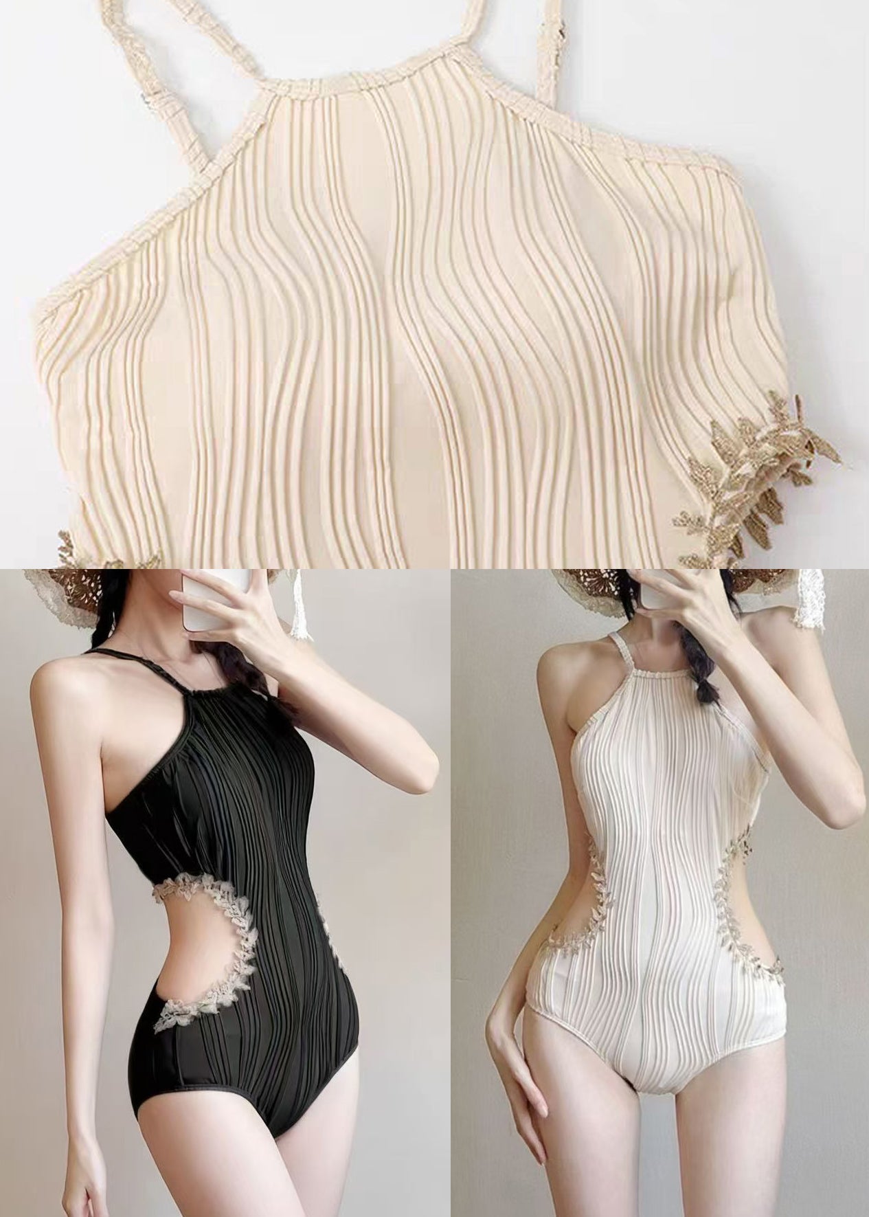 Elegant Apricot Hollow Out Wrinkled Swimwear Bodysuit