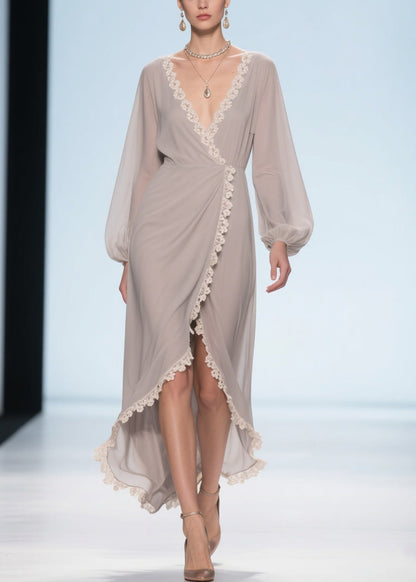 Elegant Apricot Lace Low High Design Chiffon Maxi Dresses