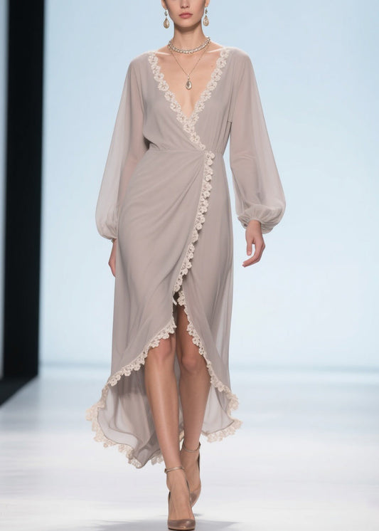 Elegant Apricot Lace Low High Design Chiffon Maxi Dresses