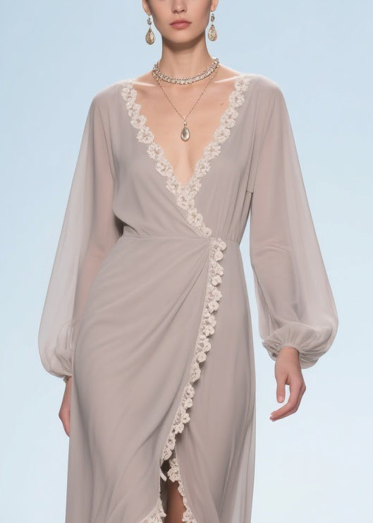 Elegant Apricot Lace Low High Design Chiffon Maxi Dresses