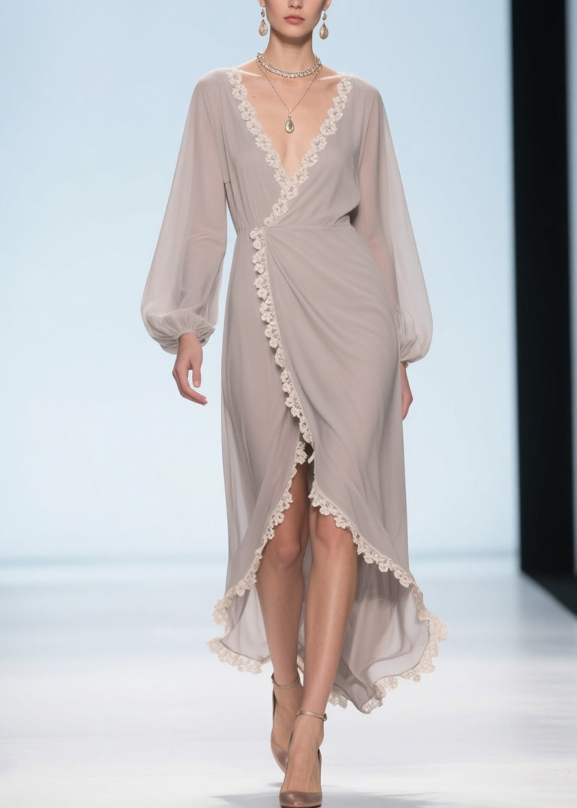 Elegant Apricot Lace Low High Design Chiffon Maxi Dresses