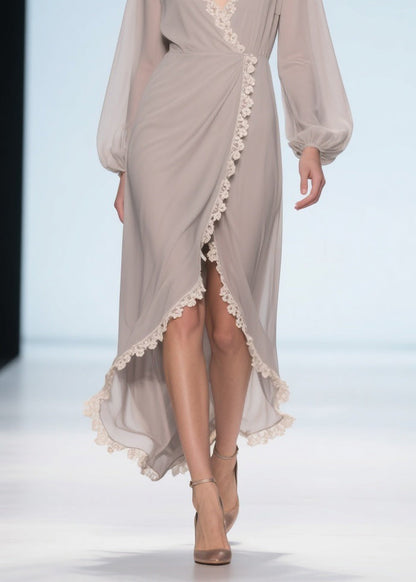 Elegant Apricot Lace Low High Design Chiffon Maxi Dresses