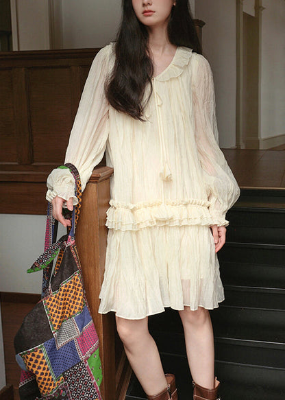 Elegant Apricot Lace Up Ruffled Silk Mini Dresses Fall