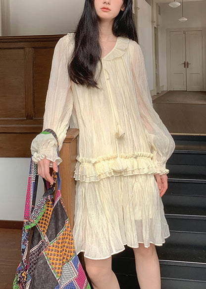 Elegant Apricot Lace Up Ruffled Silk Mini Dresses Fall