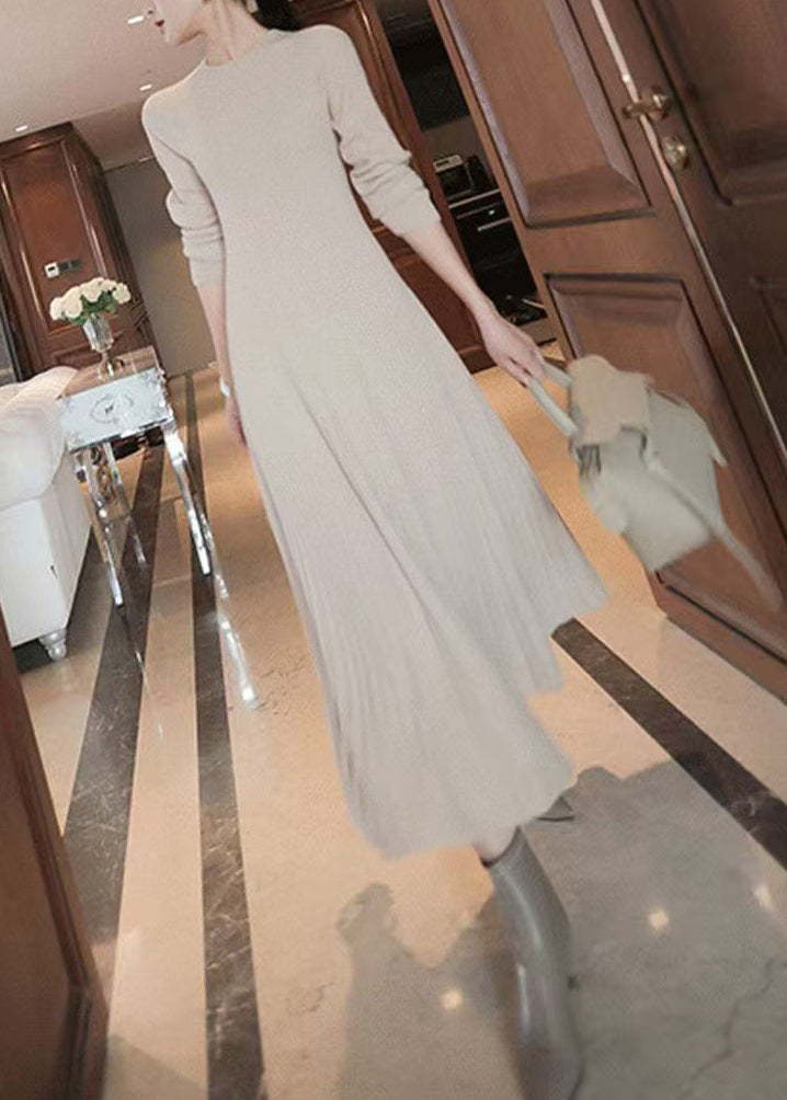 Elegant Apricot O Neck Knit Long Sweater Winter