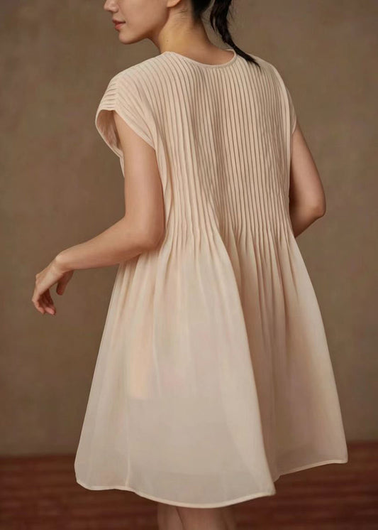 Elegant Apricot O-Neck Wrinkled Chiffon Dress Summer