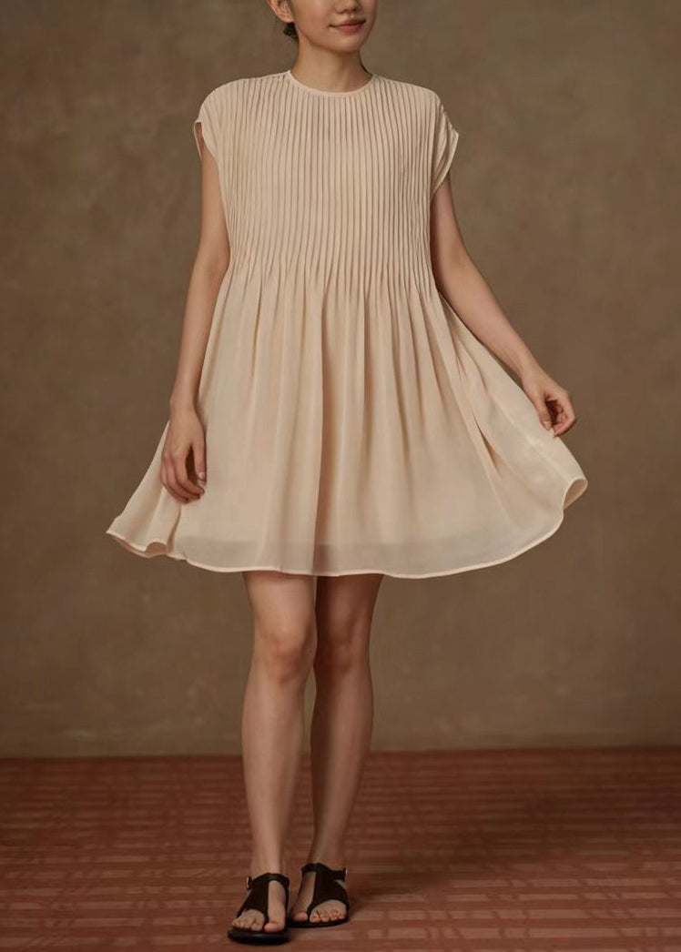 Elegant Apricot O-Neck Wrinkled Chiffon Dress Summer