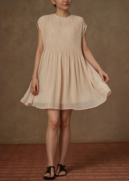 Elegant Apricot O-Neck Wrinkled Chiffon Dress Summer
