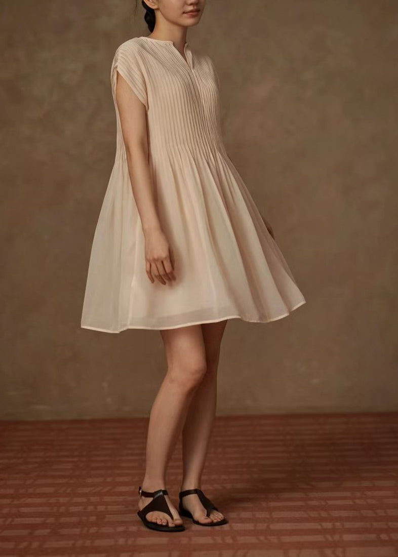 Elegant Apricot O-Neck Wrinkled Chiffon Dress Summer
