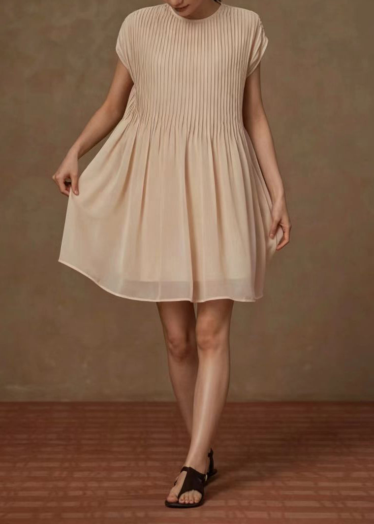 Elegant Apricot O-Neck Wrinkled Chiffon Dress Summer