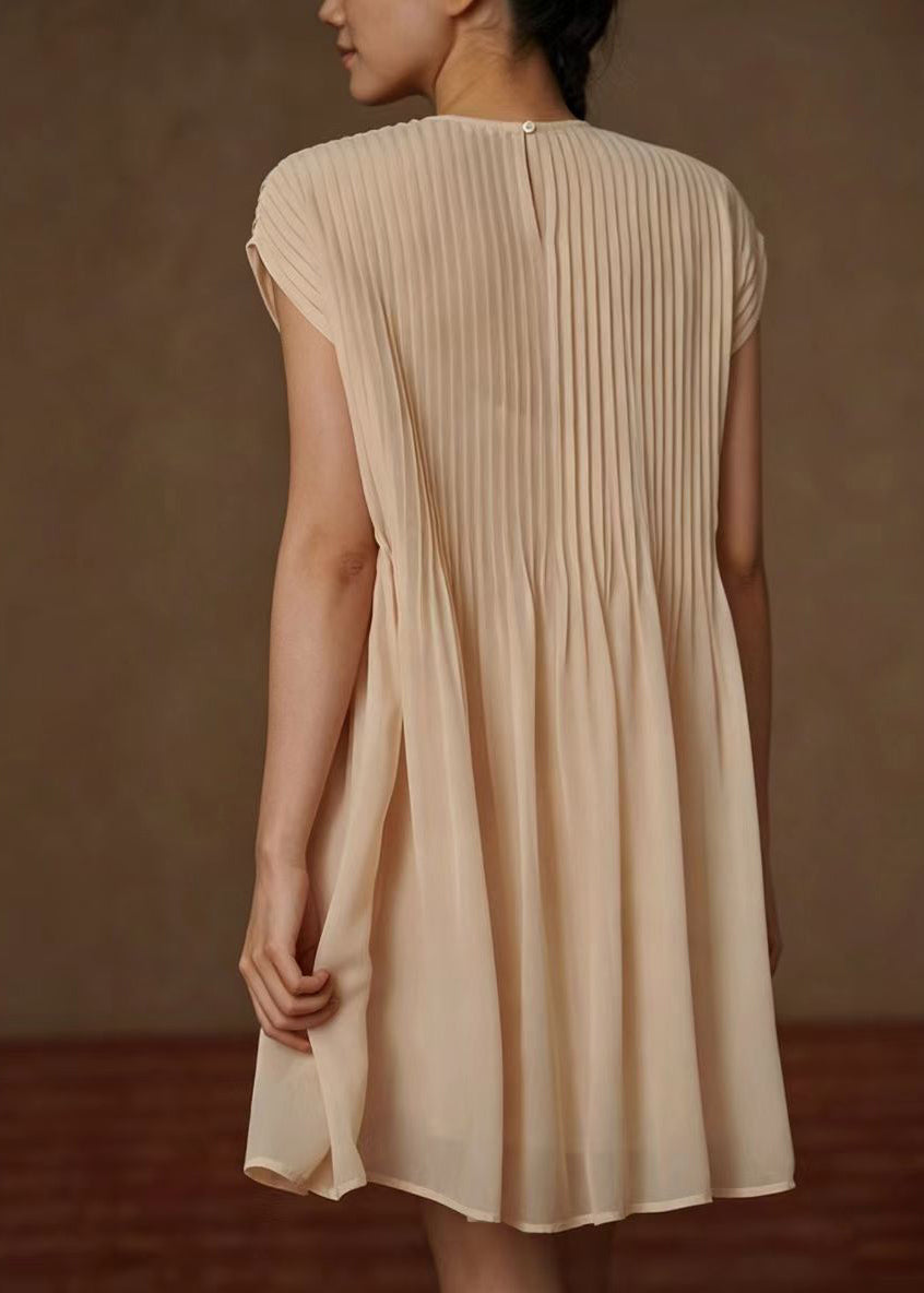 Elegant Apricot O-Neck Wrinkled Chiffon Dress Summer