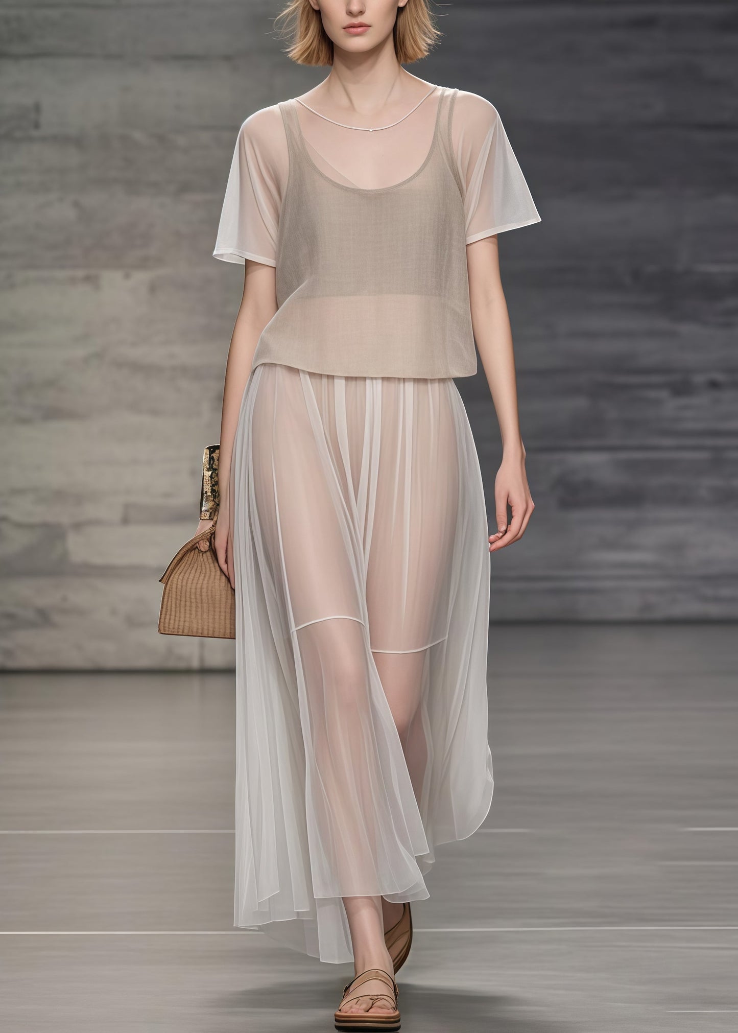 Elegant Apricot Oversized Draping Tulle Holiday Dress Two Piece Set Summer