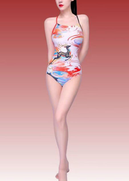 Elegant Apricot Print Backless Asymmetrical Cross Strap Swimwear Bodysuit