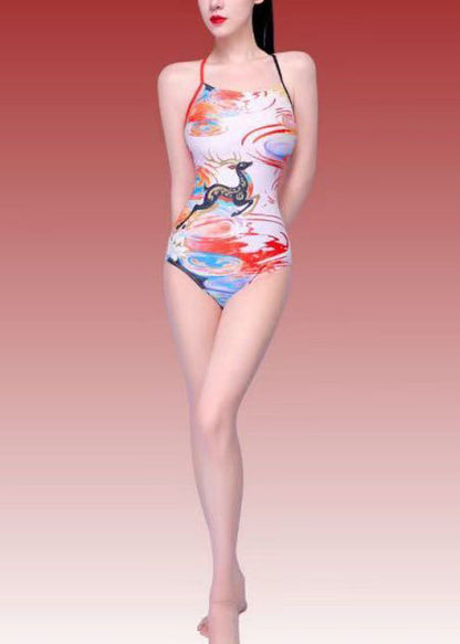 Elegant Apricot Print Backless Asymmetrical Cross Strap Swimwear Bodysuit