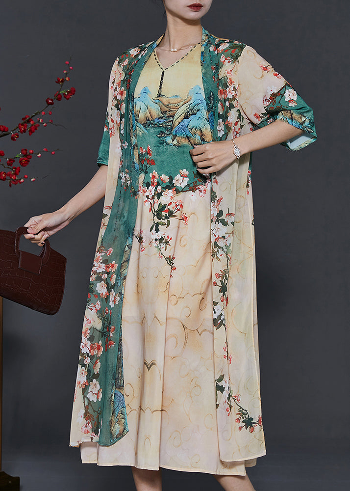 Elegant Apricot Print Chiffon Fake Two Piece Dress Summer