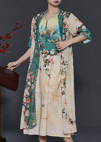 Elegant Apricot Print Chiffon Fake Two Piece Dress Summer