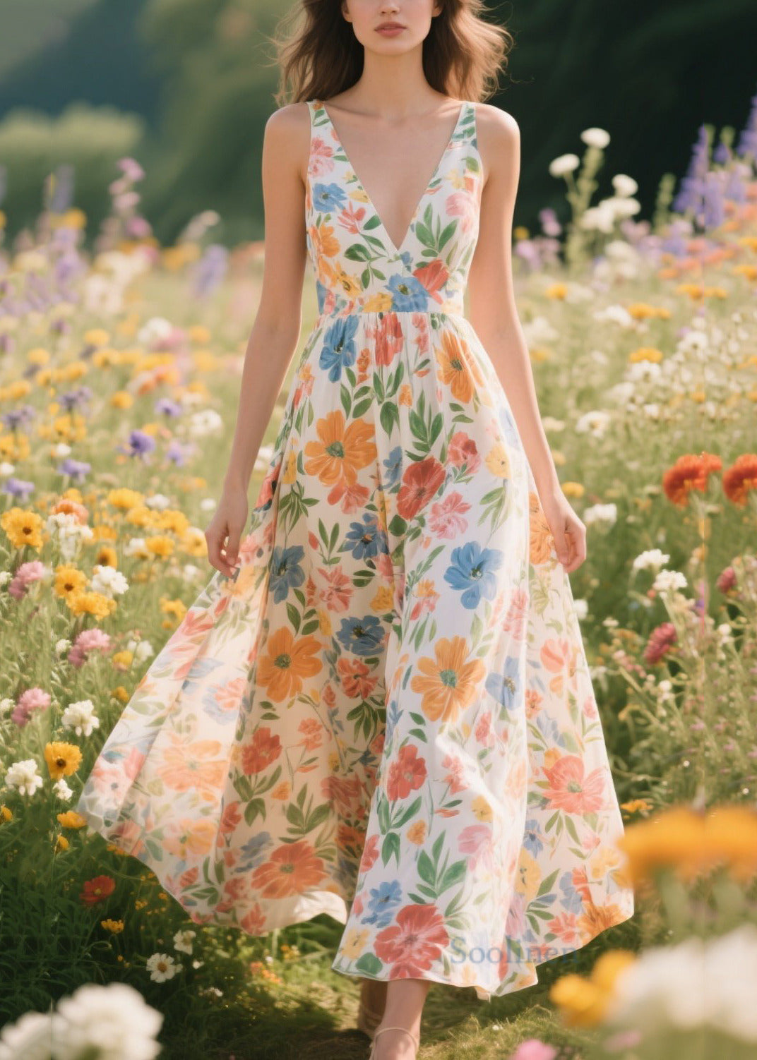 Elegant Apricot Print Draping Chiffon Dresses Summer