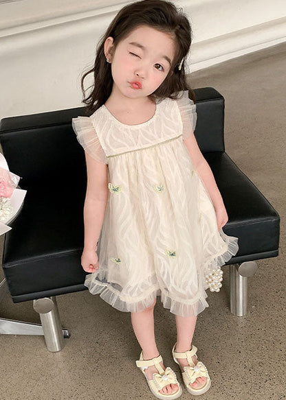Elegant Apricot Ruffled Butterfly Patchwork Tulle Baby Girls Dress Summer