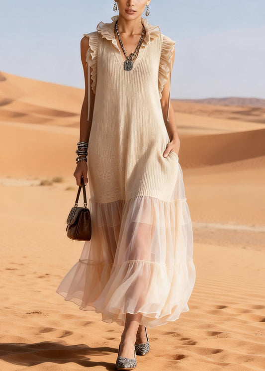 Elegant Apricot Ruffled Tulle Patchwork Knit Maxi Dress Summer