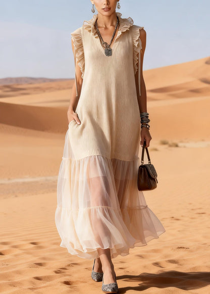 Elegant Apricot Ruffled Tulle Patchwork Knit Maxi Dress Summer