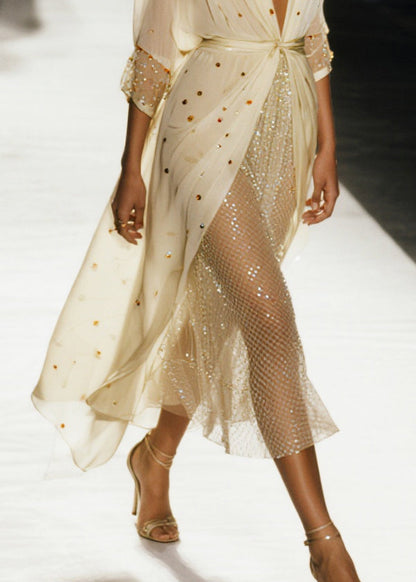 Elegant Apricot Sequins Draping Tulle UPF 50+Cardigans Summer