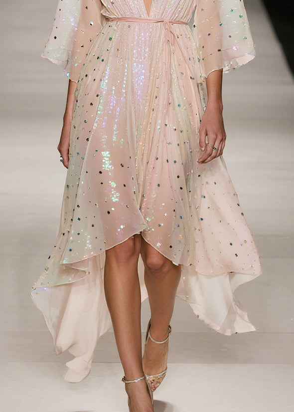 Elegant Apricot Sequins Low High Design Tulle Tunic Dress Summer