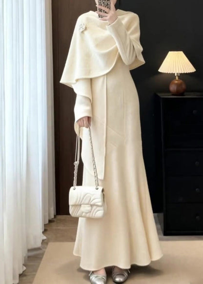 Elegant Apricot Shawl And Maxi Dresses Two Pieces Set Fall