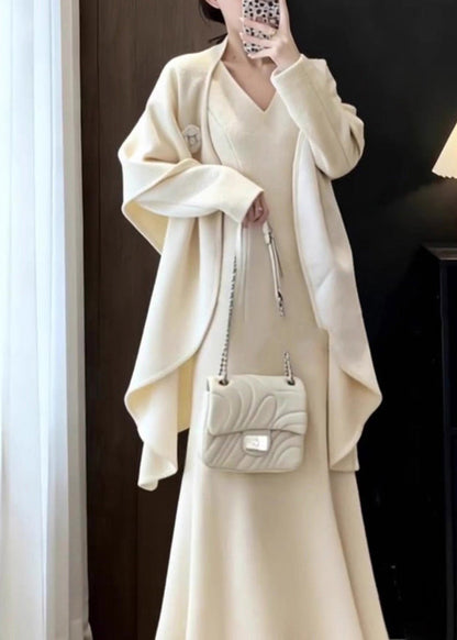 Elegant Apricot Shawl And Maxi Dresses Two Pieces Set Fall