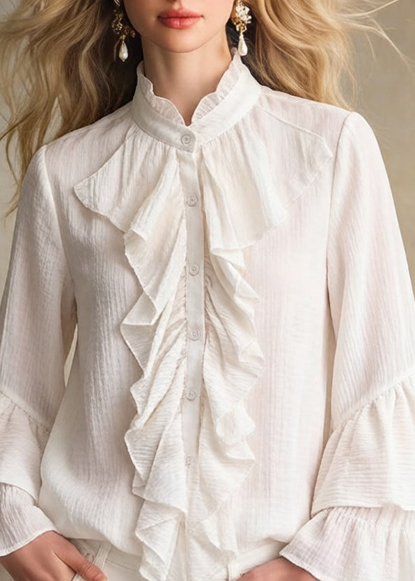 Elegant Apricot Stand Collar Ruffled Button Cotton Shirt