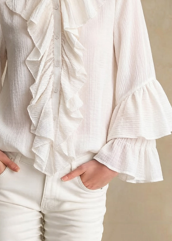 Elegant Apricot Stand Collar Ruffled Button Cotton Shirt