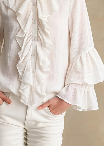Elegant Apricot Stand Collar Ruffled Button Cotton Shirt