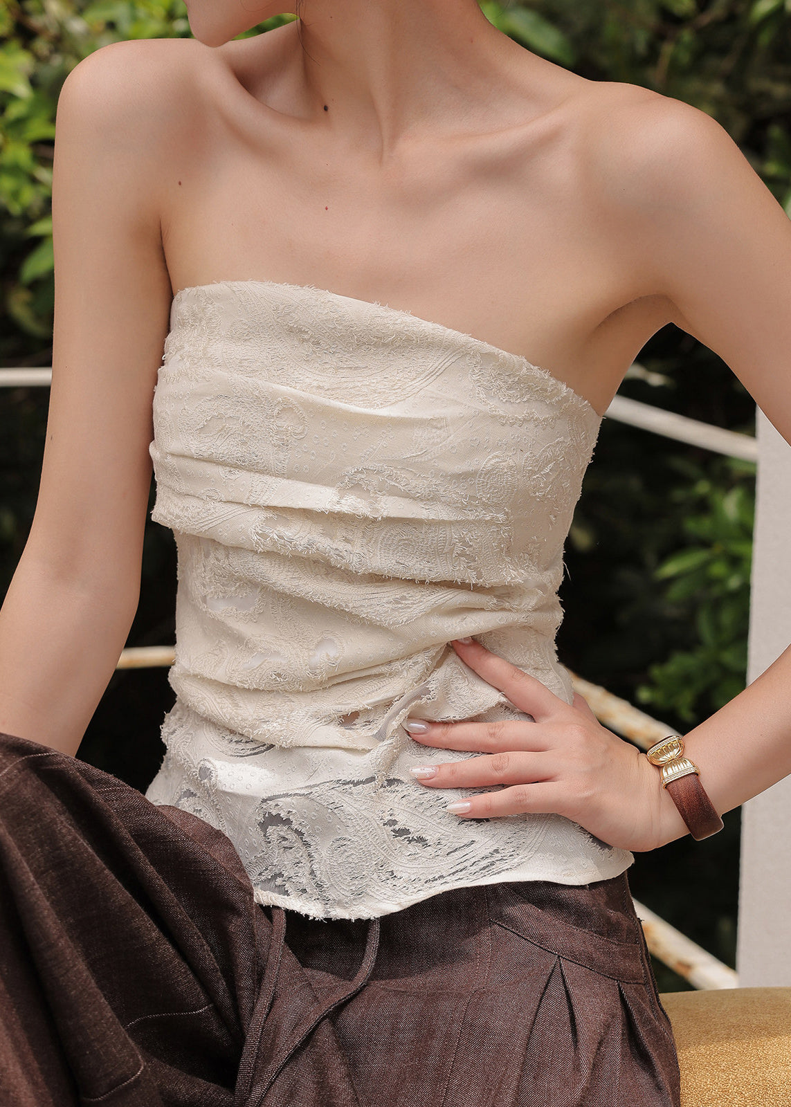 Elegant Apricot Strapless Jacquard Cotton Tops Summer