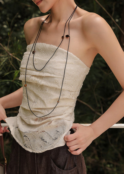 Elegant Apricot Strapless Jacquard Cotton Tops Summer