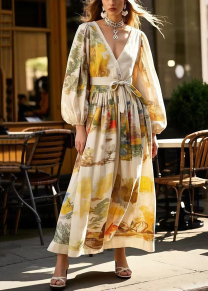 Elegant Apricot Tie Waist Print Cotton Holiday Dress Spring