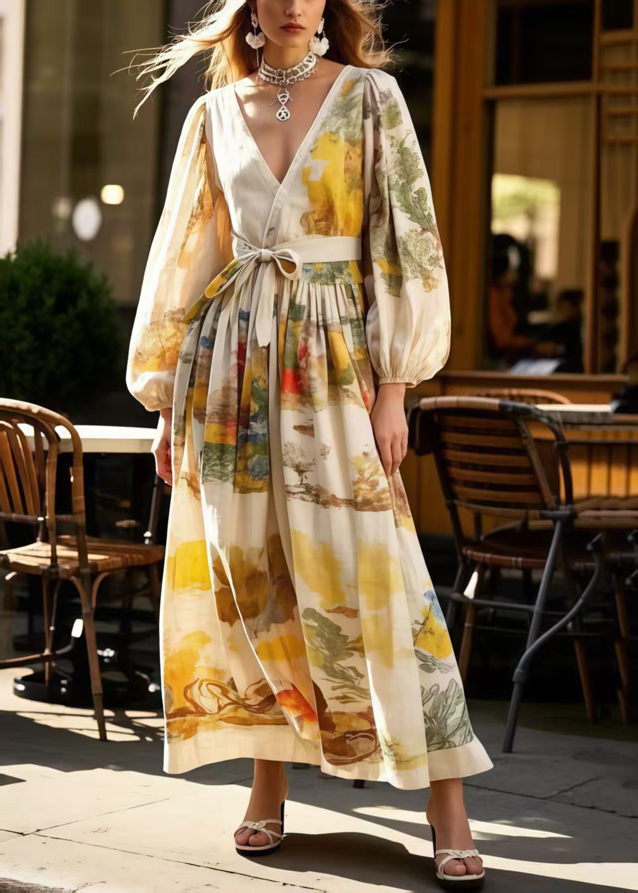 Elegant Apricot Tie Waist Print Cotton Holiday Dress Spring