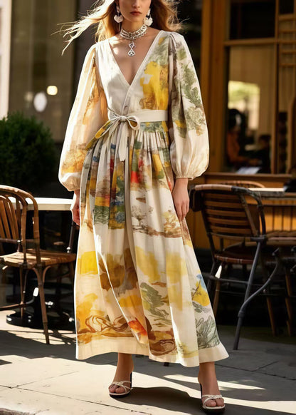 Elegant Apricot Tie Waist Print Cotton Holiday Dress Spring