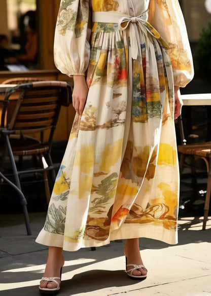 Elegant Apricot Tie Waist Print Cotton Holiday Dress Spring