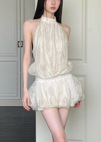 Elegant Apricot Turtleneck Dot Patchwork Tulle Mid Dresses Sleeveless