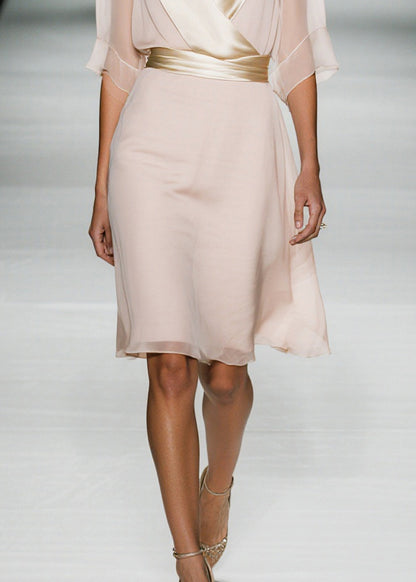 Elegant Apricot V Neck Patchwork Chiffon Work Dress Summer