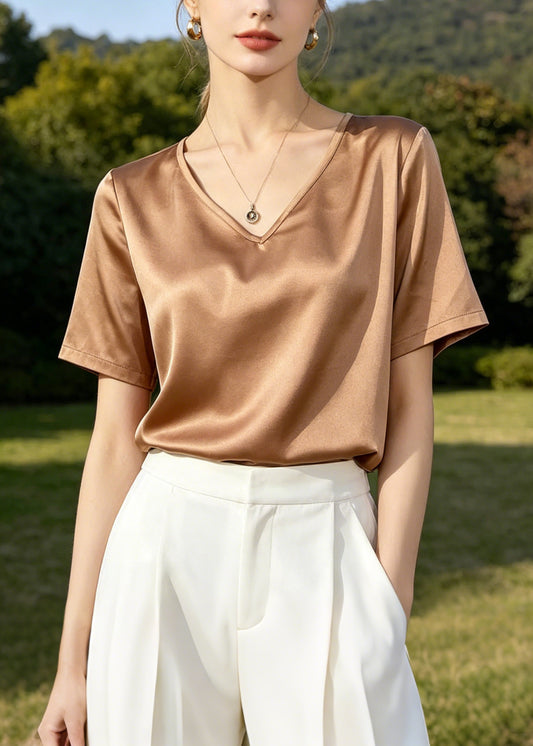 Elegant Apricot V Neck Silk Blouse Tops Summer