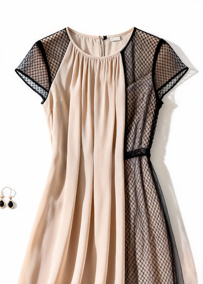 Elegant Apricot Wrinkled Tulle Patchwork Dress Summer