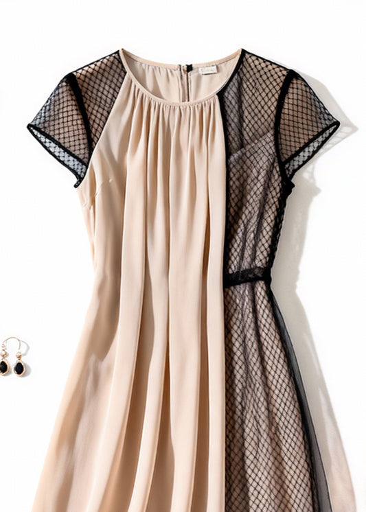 Elegant Apricot Wrinkled Tulle Patchwork Dress Summer