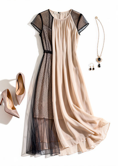Elegant Apricot Wrinkled Tulle Patchwork Dress Summer