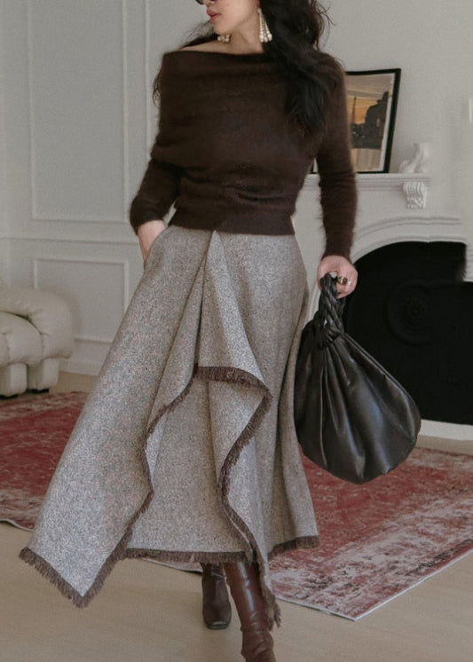 Elegant Asymmetrical Knitted Cotton Sweaters And Maxi Skirts Two Pieces Set Winter